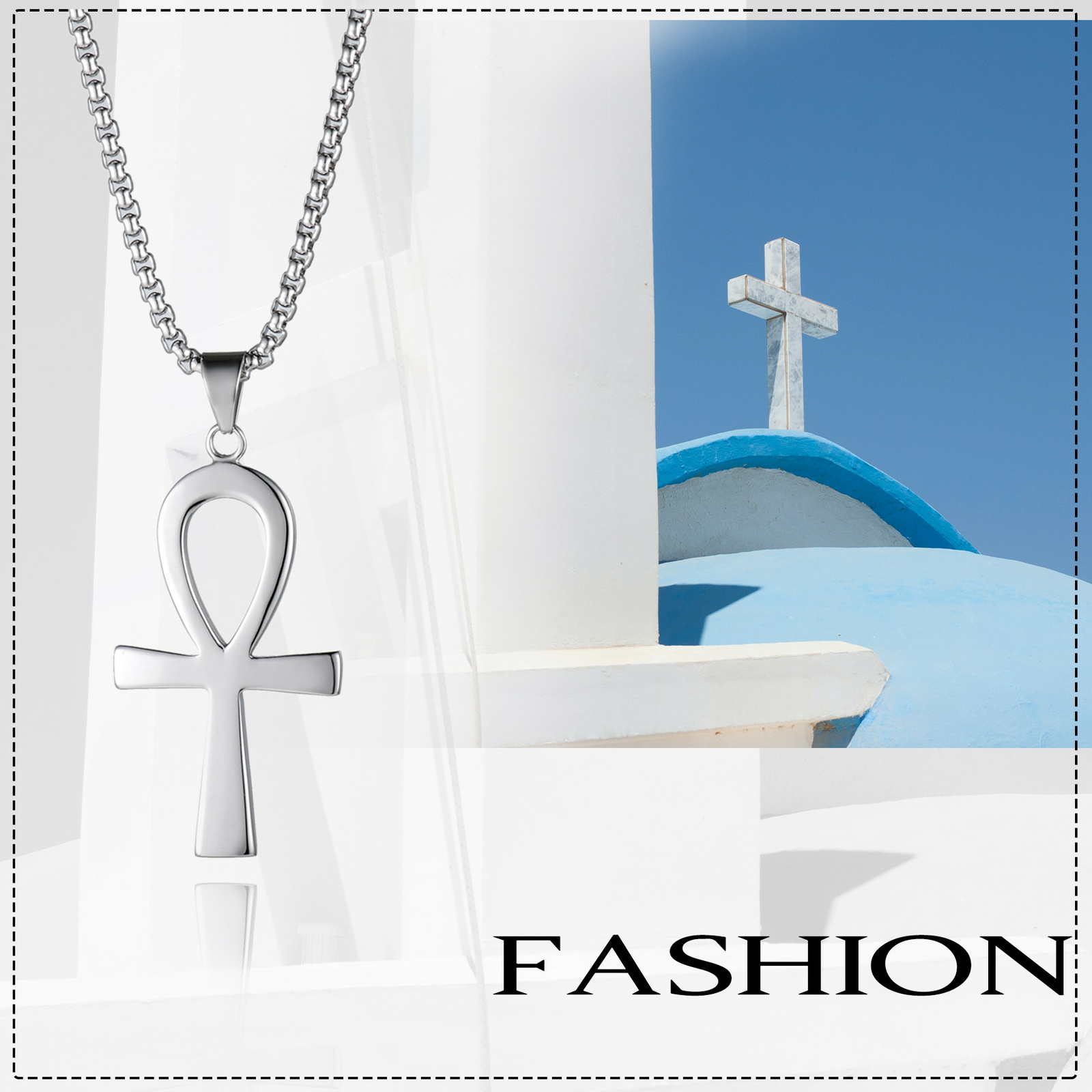 Men’s Stainless Steel Egyptian Ankh Cross Pendant Chain Necklace Silver Prayer
