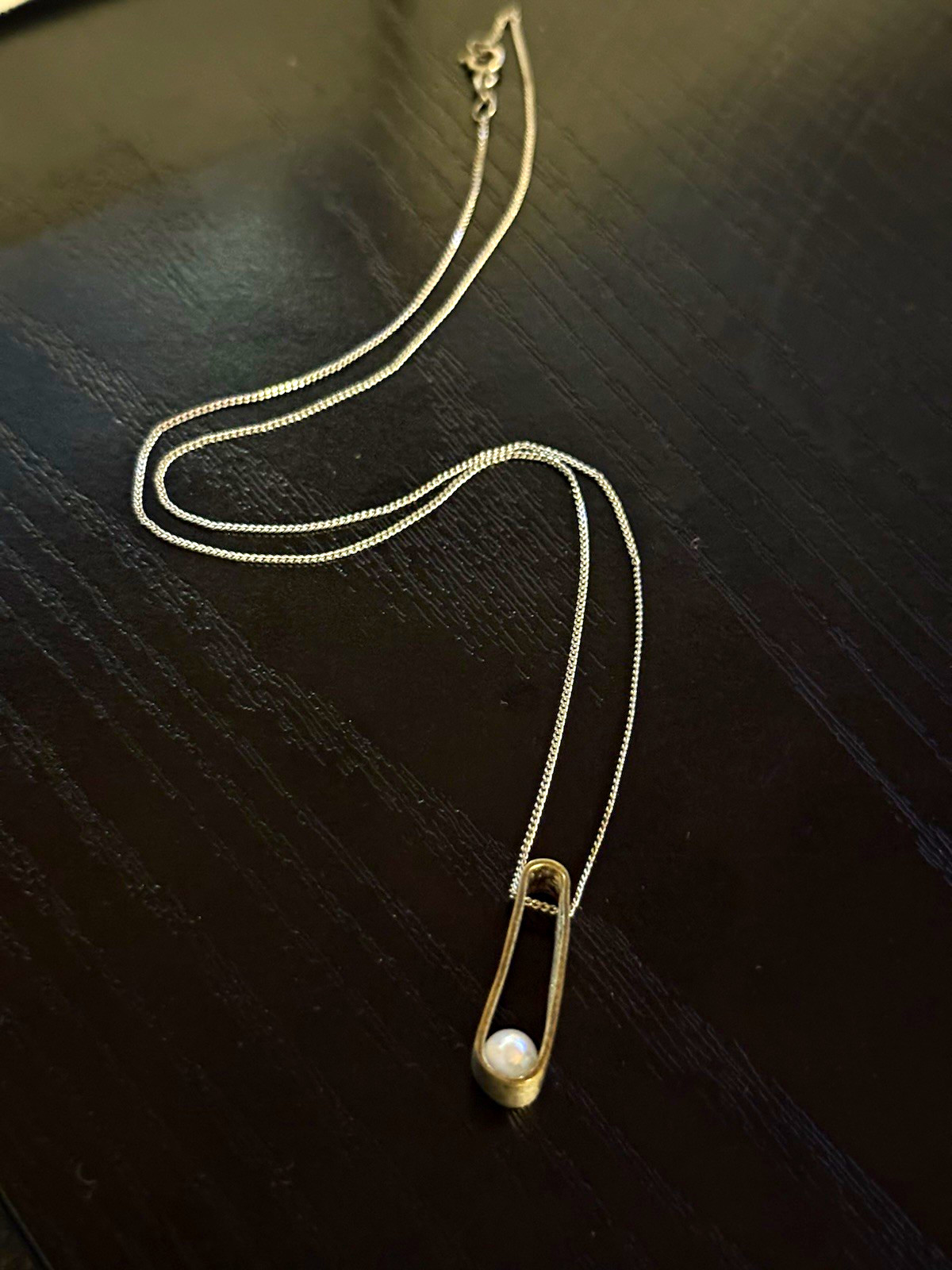 Silver Metal Box Chain Necklace Safety Pin Charm Pendant w/ White Pearl