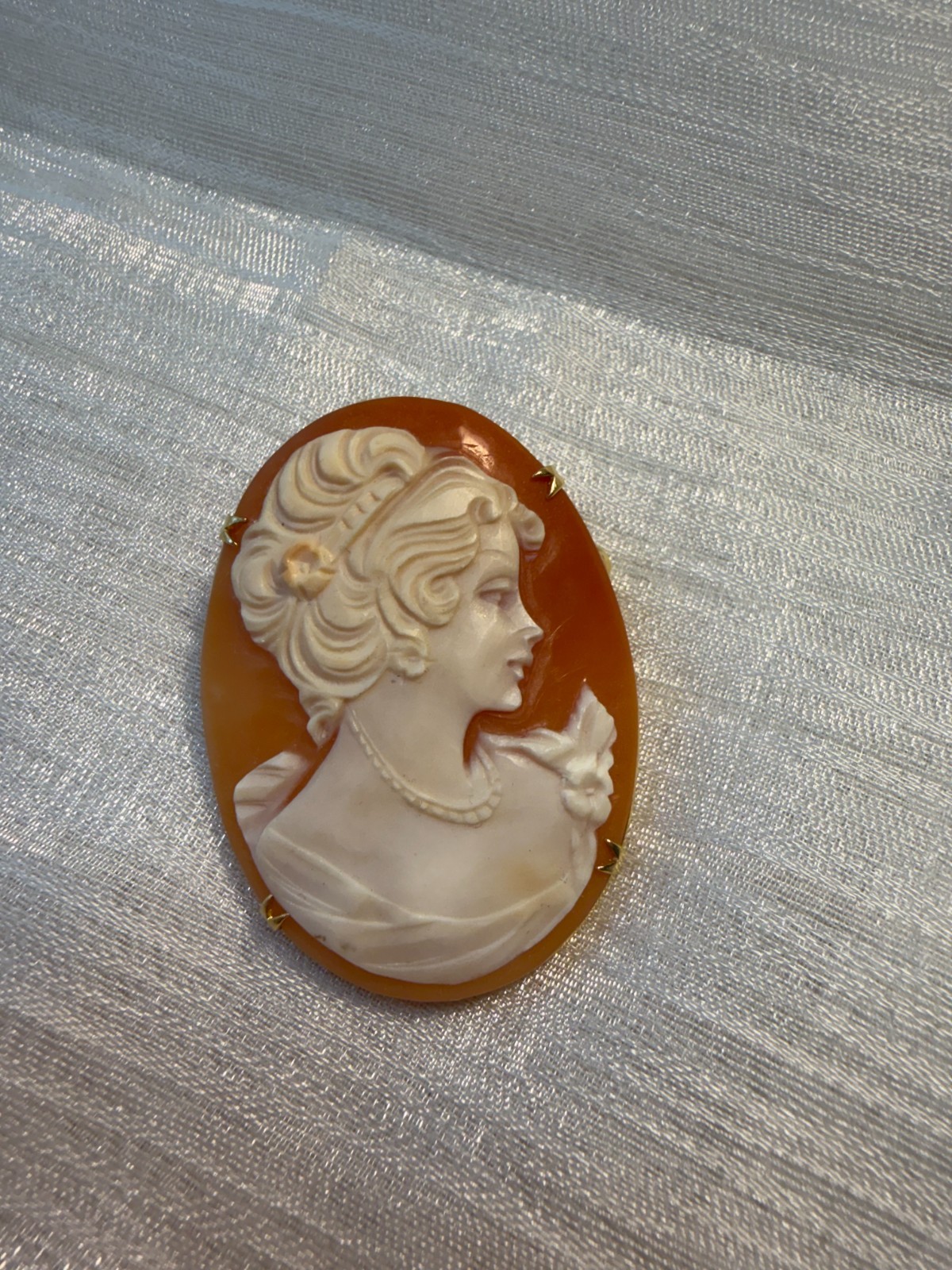 Vintage Hand-Carved Shell Cameo Brooch Pendant Victorian Lady Signed