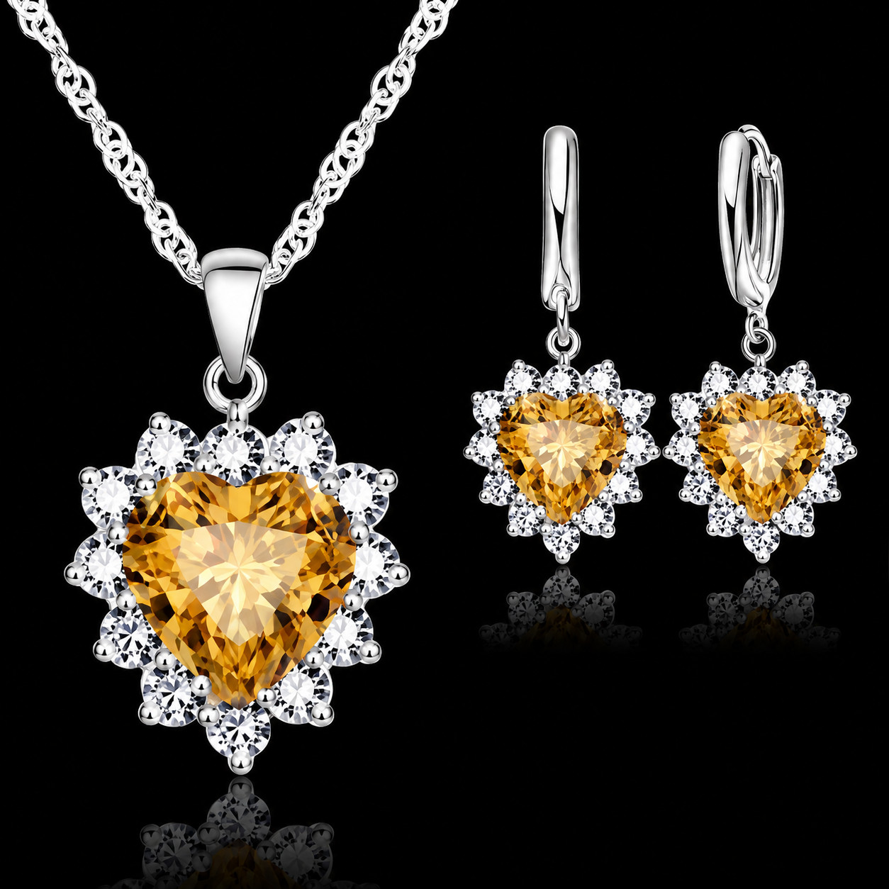925 Sterling Silver Plated Crystal Heart Pendant Necklace Women Jewellery Gift