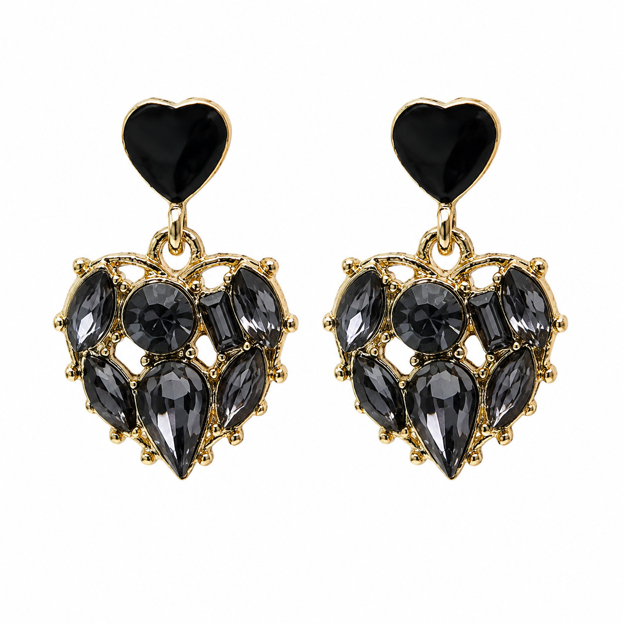 Black Rhinestone Heart Dangle Earrings 18K Gold Plated Statement Jewelry