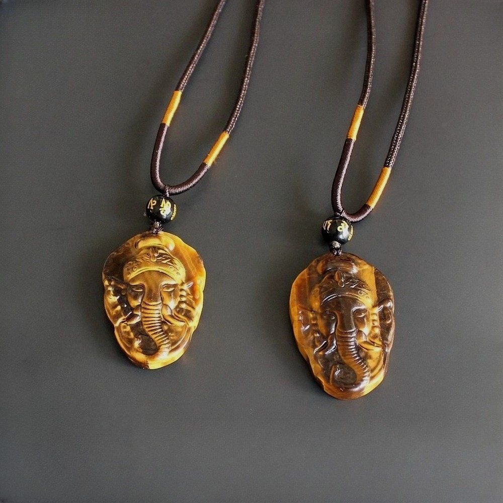 Natural crystal gold tiger eye Ganesha Necklace pendant with rope chain