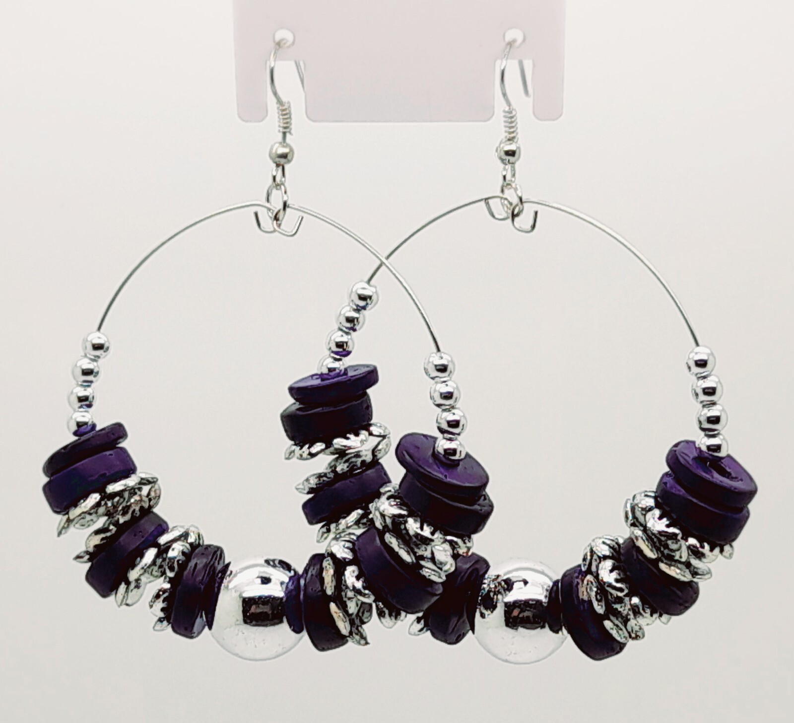 E001 PURPLE COCONUT WOOD ANTIQUE ALLOY SEED BEAD HOOP DANGLING FASHION EARRINGS