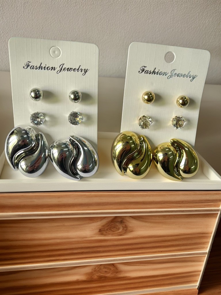 Women’s 2Pcs Silver Gold Tone Metallic Geometric Earrings Fashion Statement