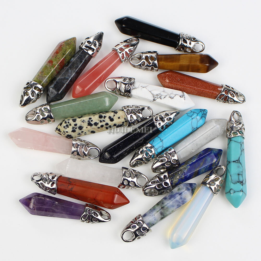 20pcs Mixed Natural Stone Gems Hexagonal Pointed Pendants Healing Crystal Quartz