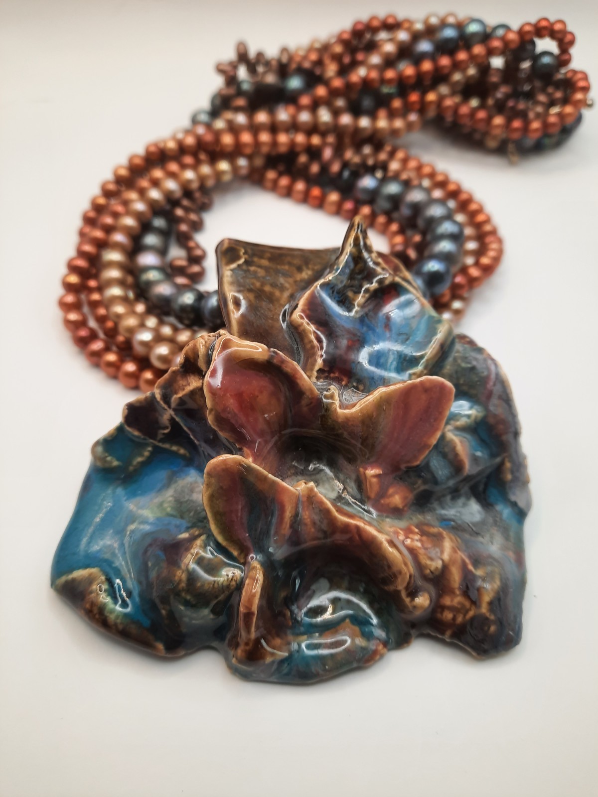 Pearl Necklace Multi Strand Multi Color With Artisin Ceramic Pendant
