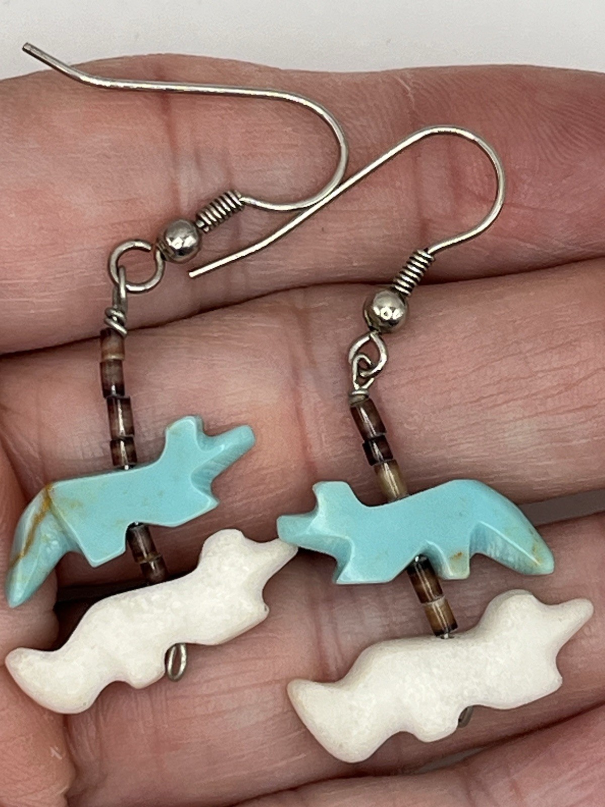 Native American Drop Hook Earrings Turquoise & White Multicolor Animals