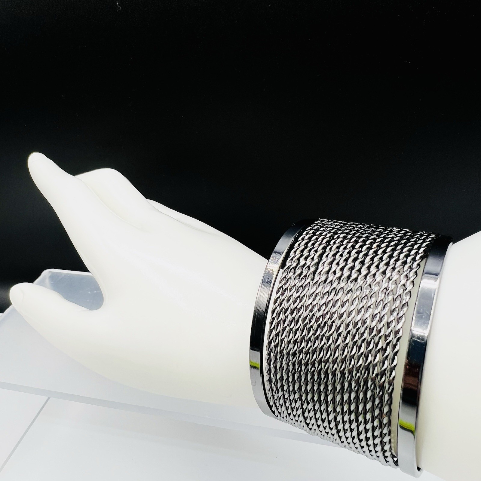 Gunmetal Rope Chain Wide Cuff Bracelet Mesh Wrap Modern Statement