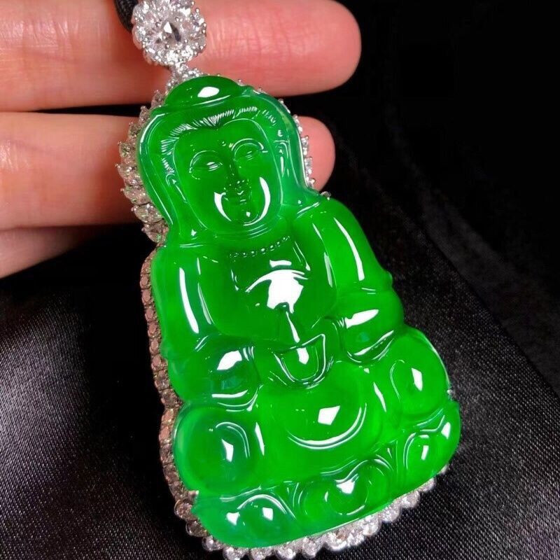 Certified Natural High It Green Jade Jade Carved Guanyin Pendant&Necklace