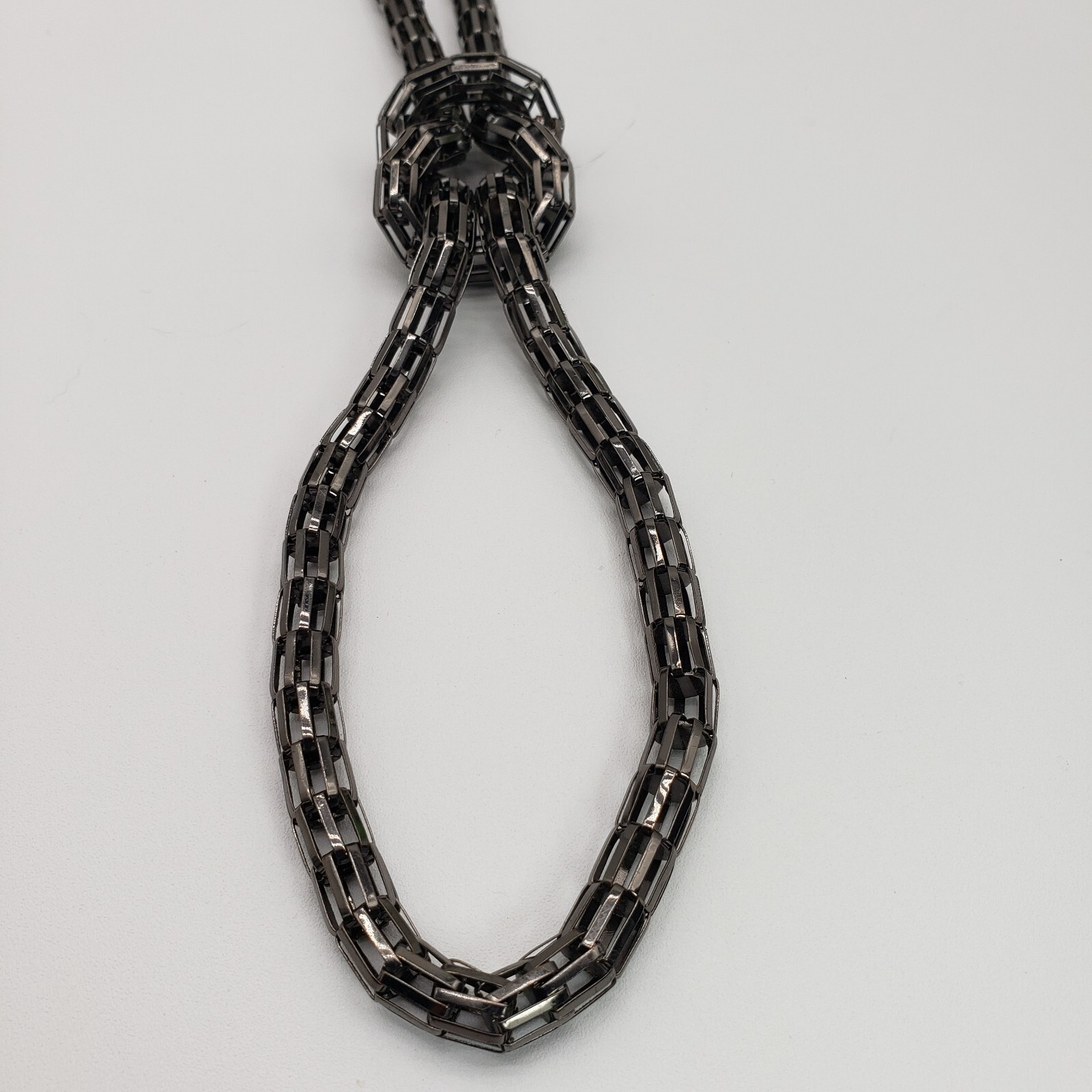 3D Gunmetal Gray Mesh Chain Knotted Long Statement Necklace Y-Drop Rope 43″