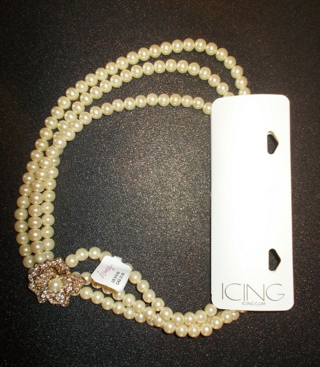 Icing Triple Strand Faux Pearl Necklace w/ Crystal Rhinestone Flower Centerpiece