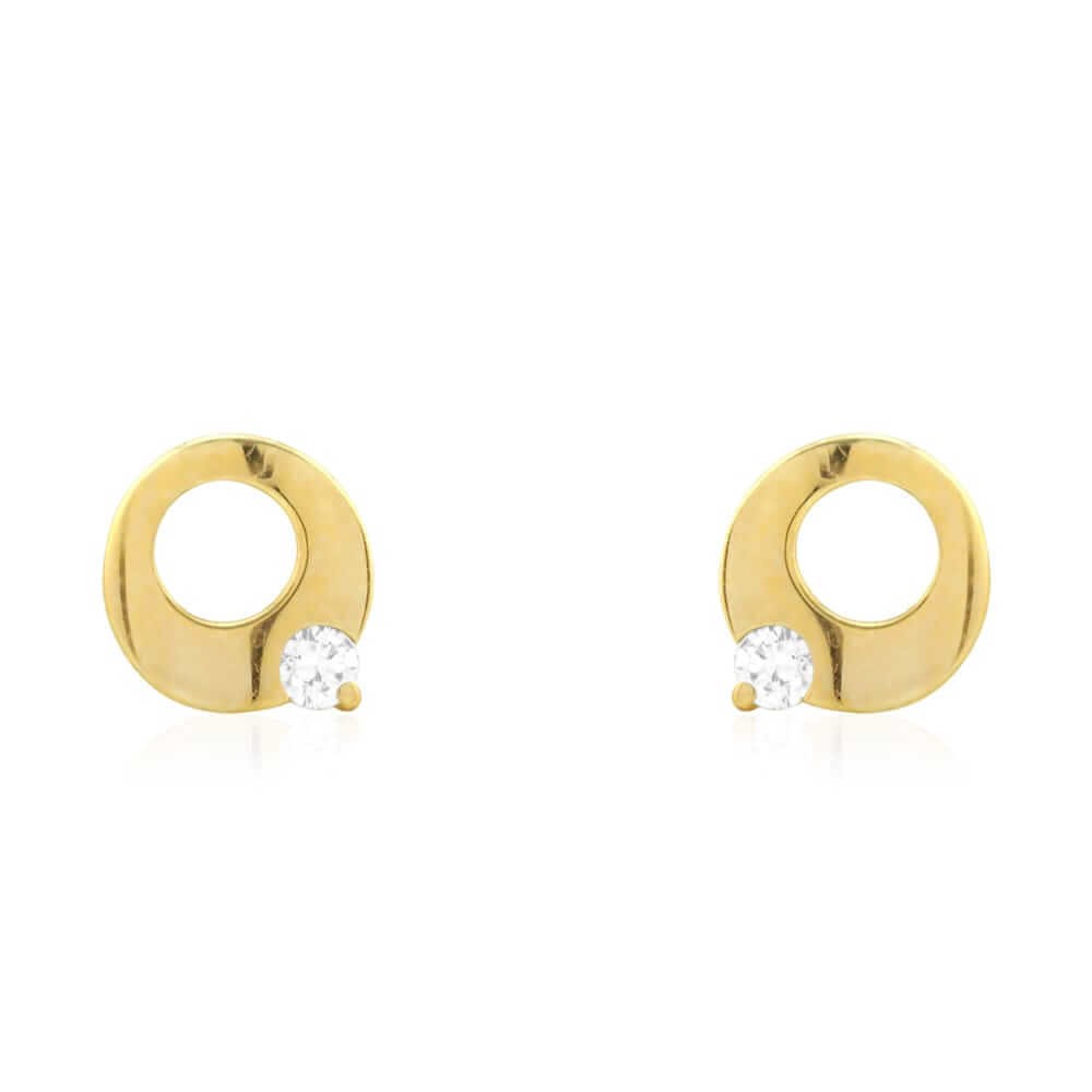 14K Gold Zircon White Gemstone Open Circle Screw Back Stud Earrings 7mm