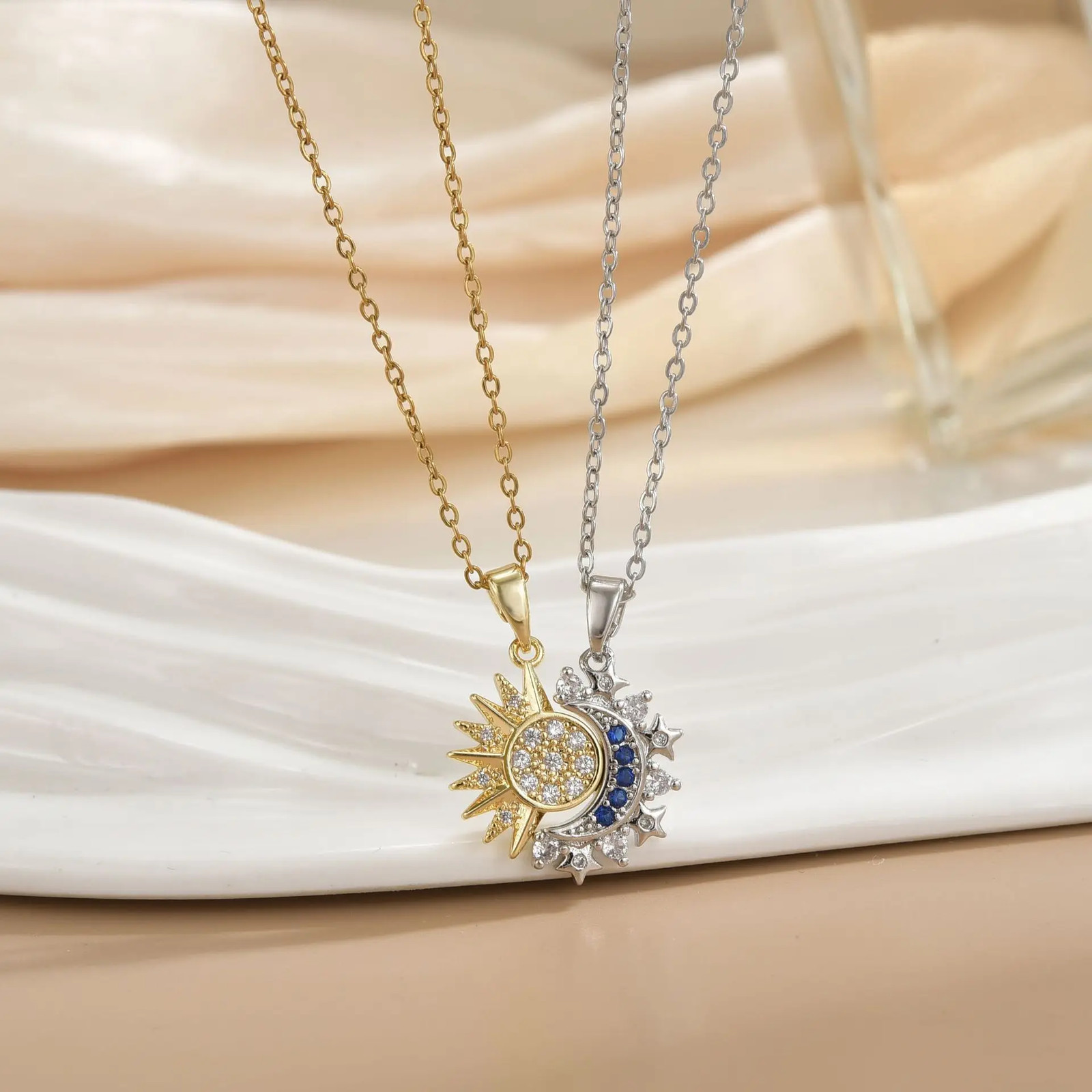 Couple Sun Moon Pendant Necklace Open Ring Set Retro Jewelry Gift