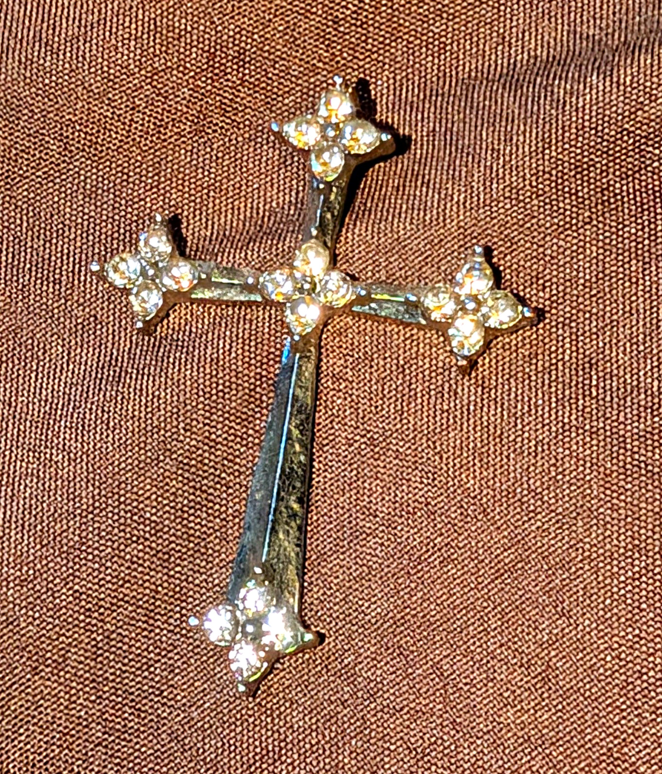Silver Tone Cross Charm Pendant, Prong Set Round Clear Rhinestones, Religious