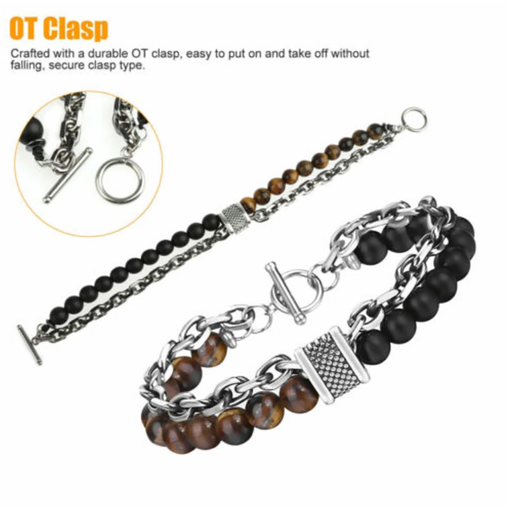 Mens Tiger Eye Beaded Bracelet Stainless Steel Natural Stone Unisex Jewelry Gift