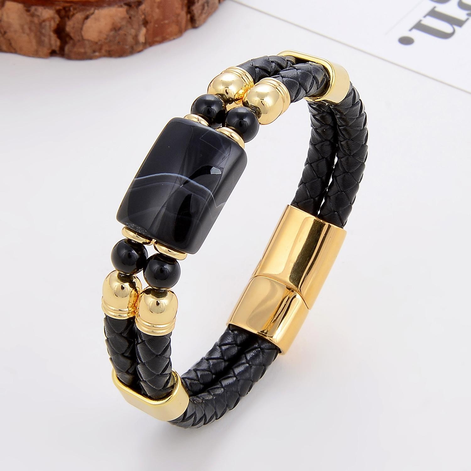 6 Style Natural Stone Bracelet Women Stainless Steel Magnetic Clasp Leather