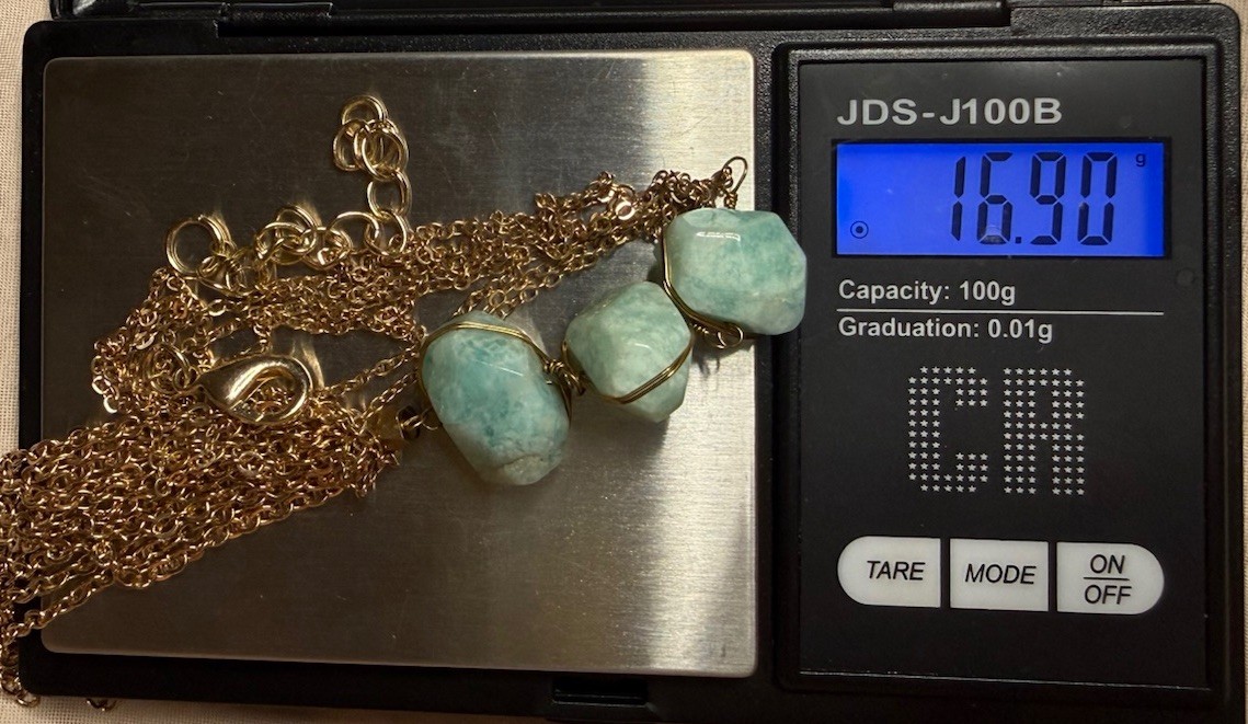 Blue Green Stone Style Tassel Pendant Necklace Gold Tone Long Boho 16.9g