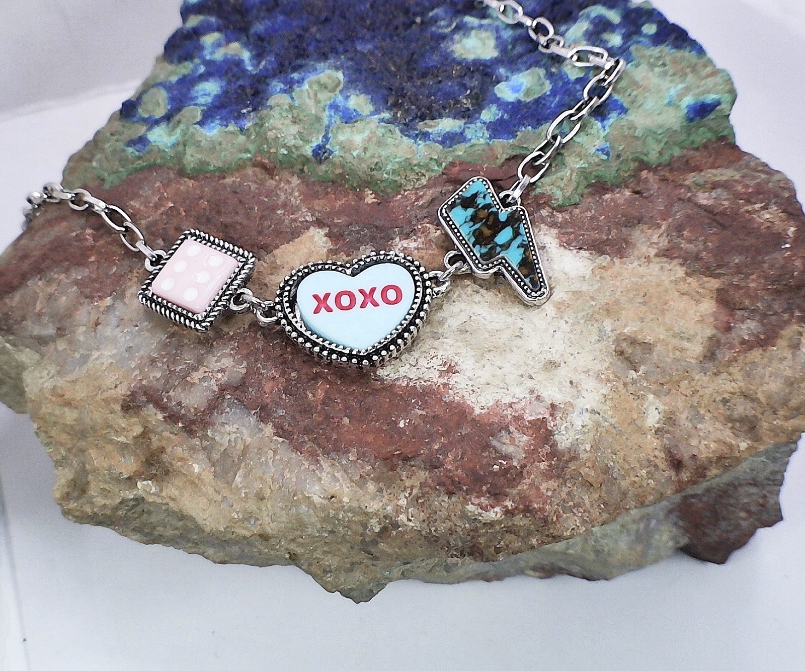 Western XOXO Candy Heart Necklace Turquoise Lightning Bolt Cowgirl Charm