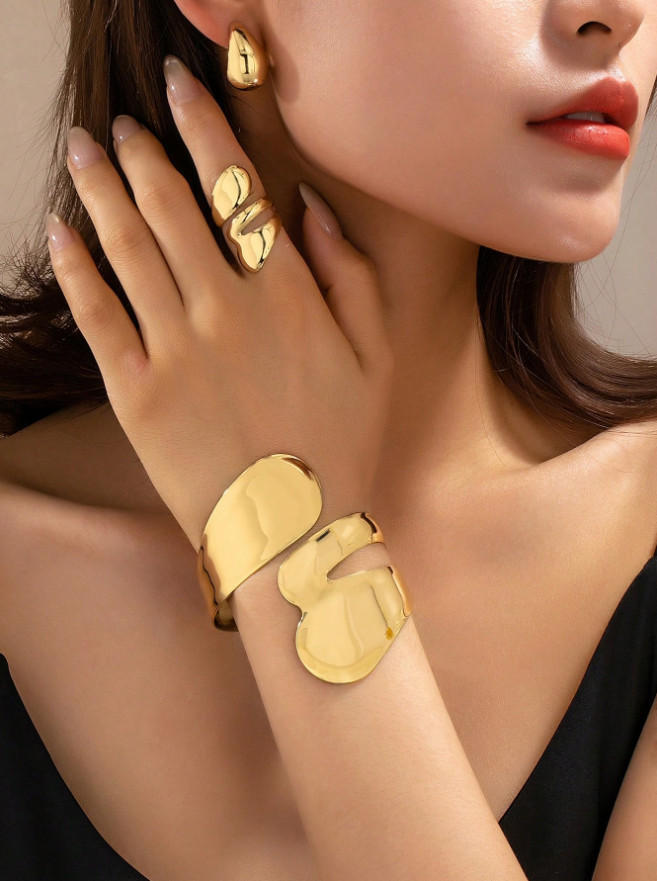 4 Pcs Jewelry Set Bracelet Earrings Ring Thick Cuff Teardrop Bangle For Women US