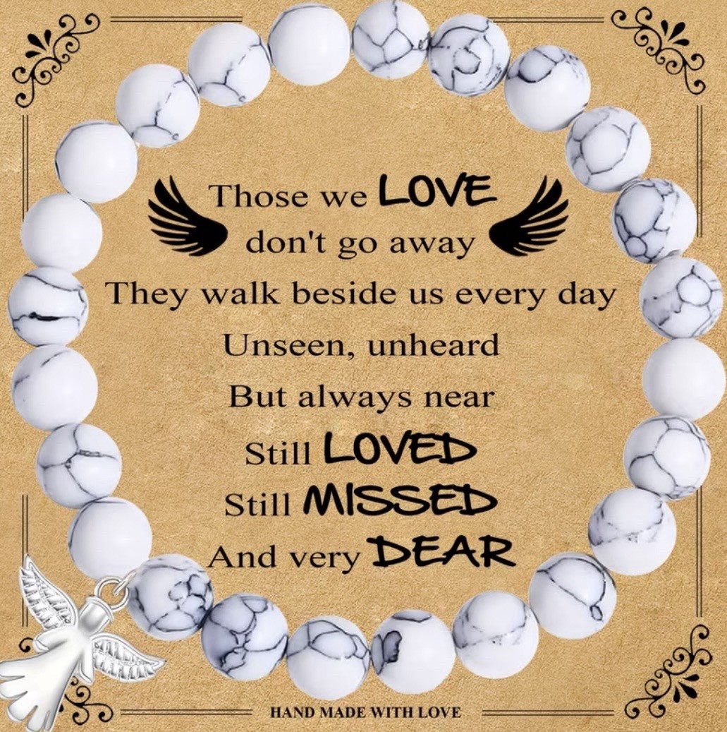 NEW FASHION A LIFE WHITE STONE MARBLE BEADED STRETCH BRACELET WITH SILVER ANGEL