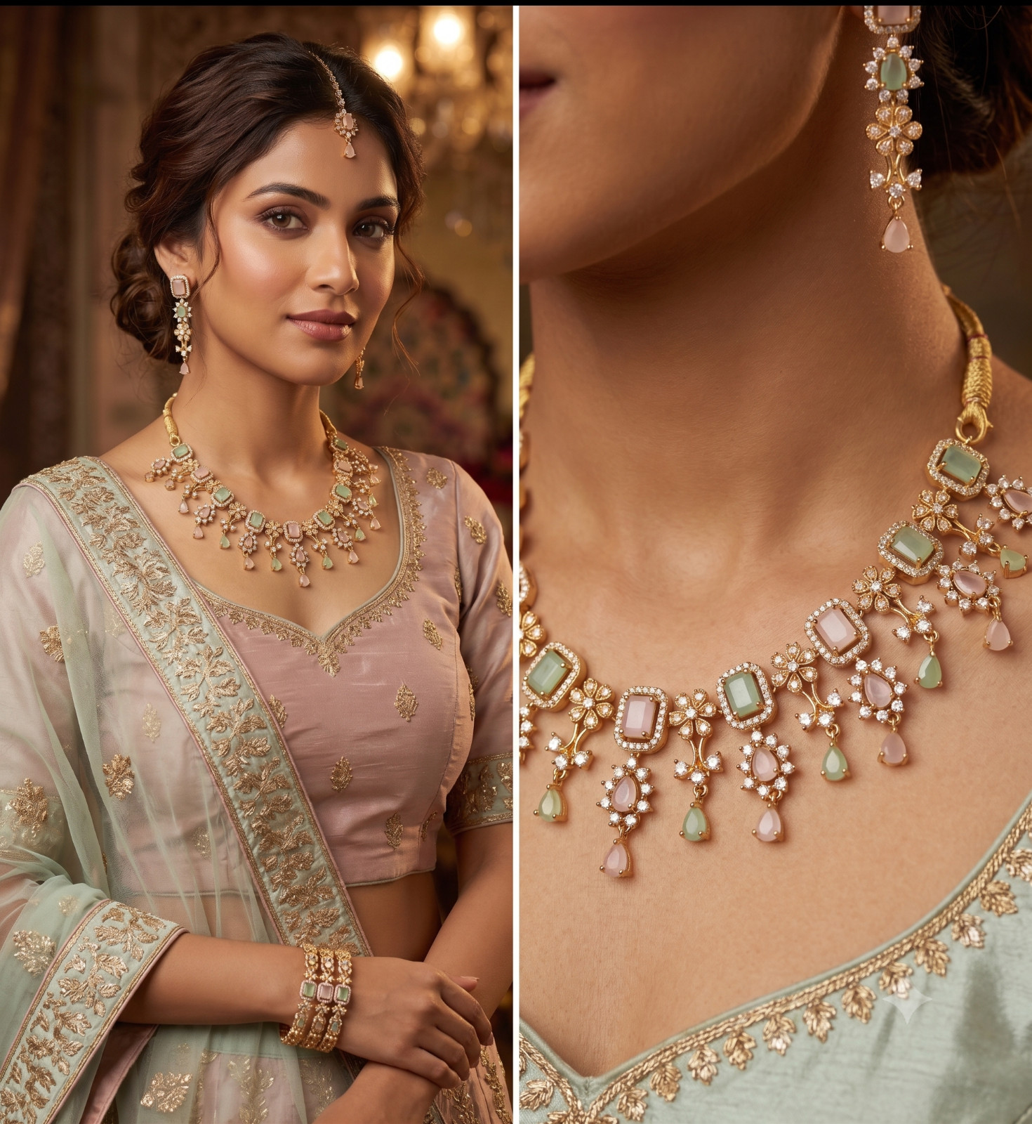 Indian CZ American Diamond Necklace Earrings Set Pastel Pink Green Gold Plated