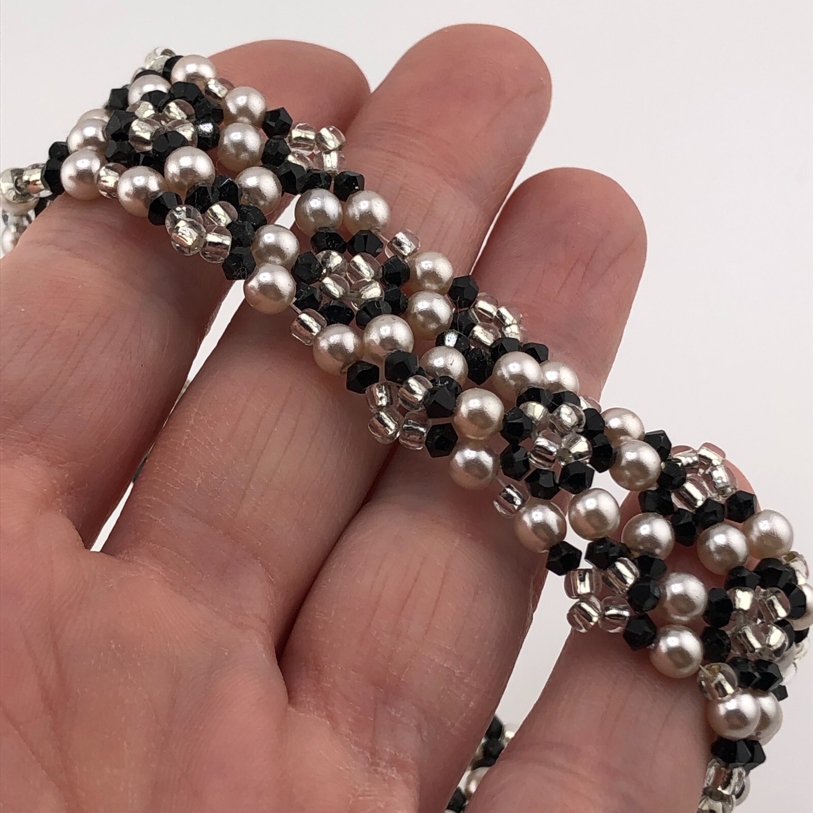 Woven Bead Bracelet Black, White & Pale Pink Beads Valentine’s Retro Festival