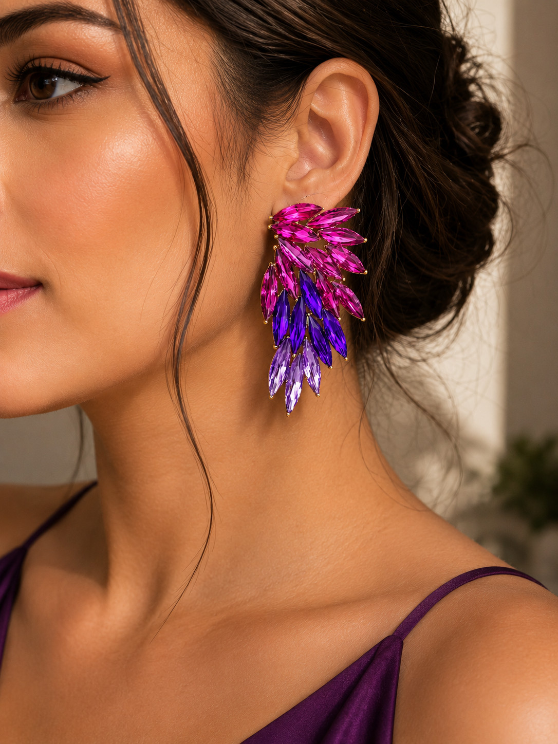 Elegant Ombre Purple Marquise Rhinestone Statement Wing Earrings