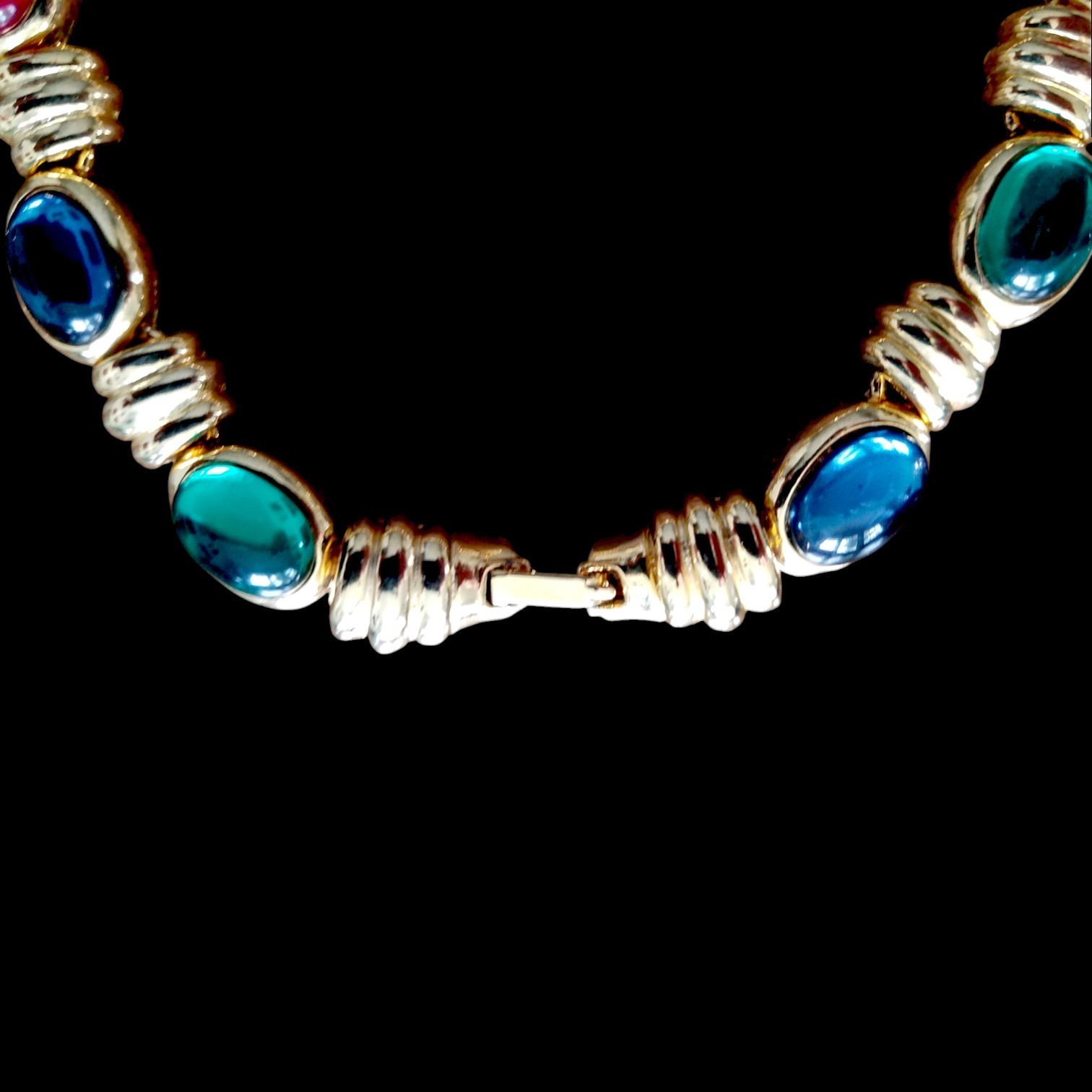 Necklace Gold Plated + Gripoix Poured Glass Multicolored Oval Cabochons Vintage