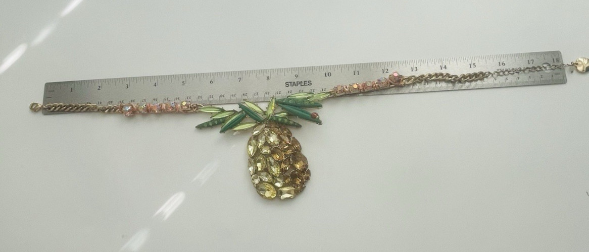 Betsey Johnson Very Large Rhinestone Pineapple Pendant Statement Necklace 18″