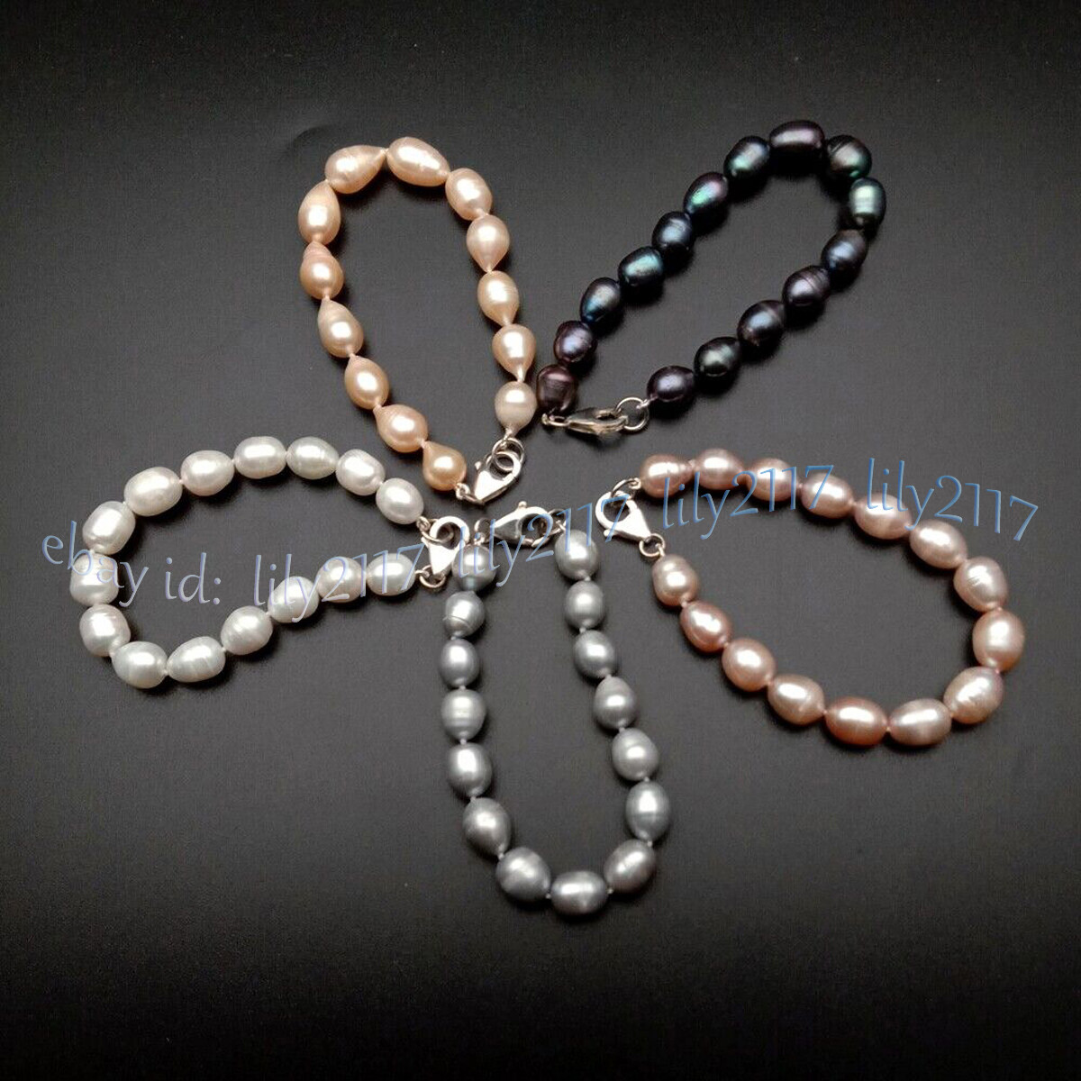 Natural White Black Gray Pink Purple Rice Cultured Pearl Bracelet Silver Clasp