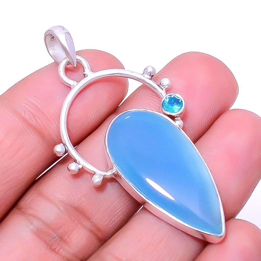 Chalcedony – Brazil & Blue Topaz 925 Sterling Silver Pendant 2.11″ P_9386_155_18
