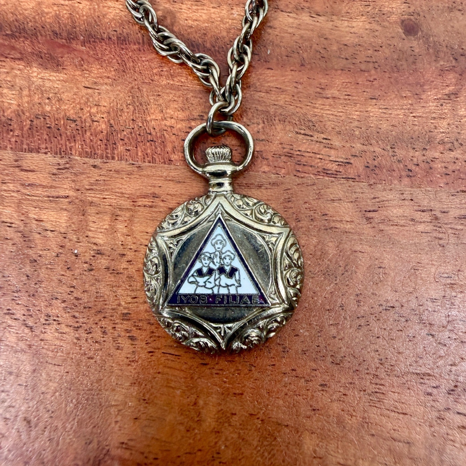 Vintage Masonic Pendant Necklace with Enamel Emblem and Rope Chain