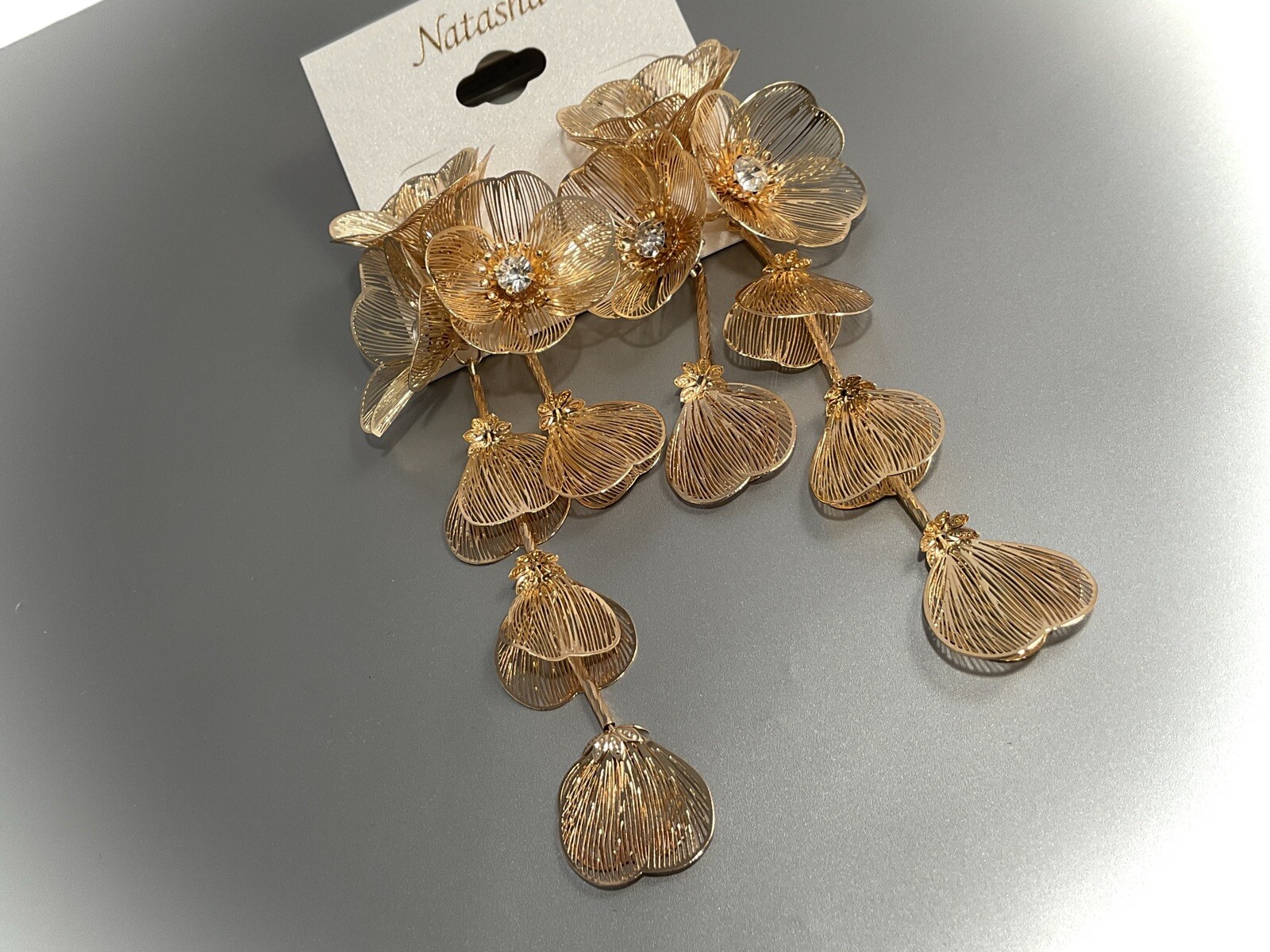 Natasha flower drop earrings in Gold tone 4.5” long NWT