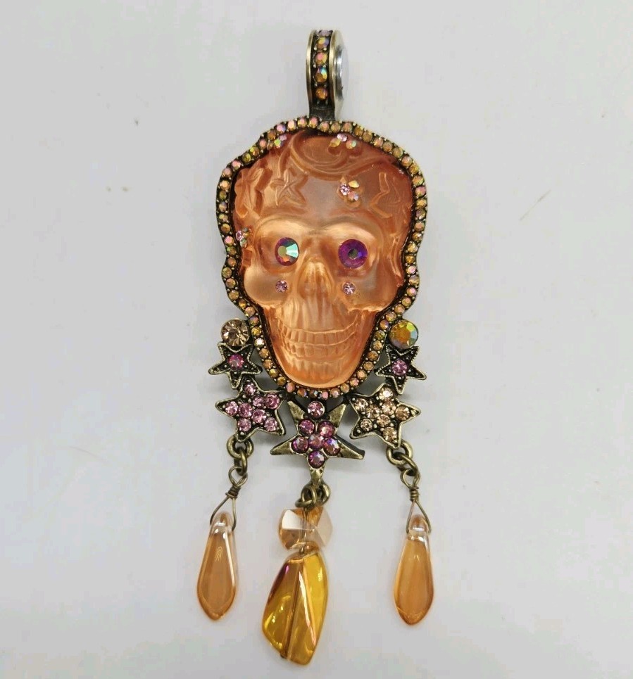 Kirks Folly Halloween Skull Magnetic Enhancer Peach Brass tone Dangle