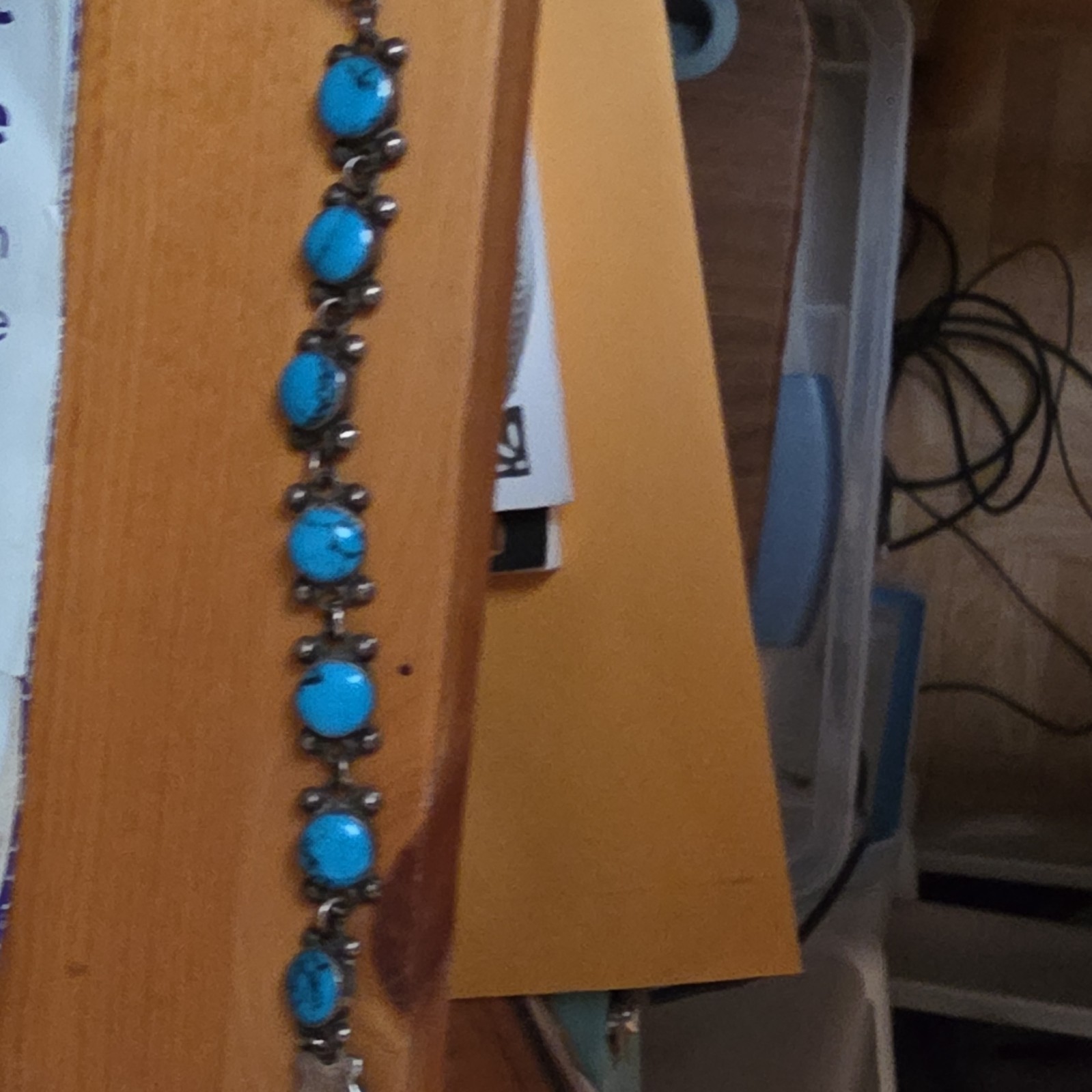 Silver-Tone Link Chain Bracelet w/ Oval Blue Turquoise Stones, Spring Ring