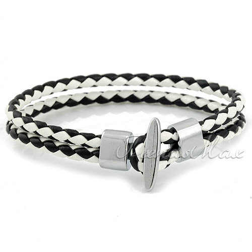 7.5mm Men Women White+Black Zebra Strands Braided Surfer Leather Bracelet 7 inch