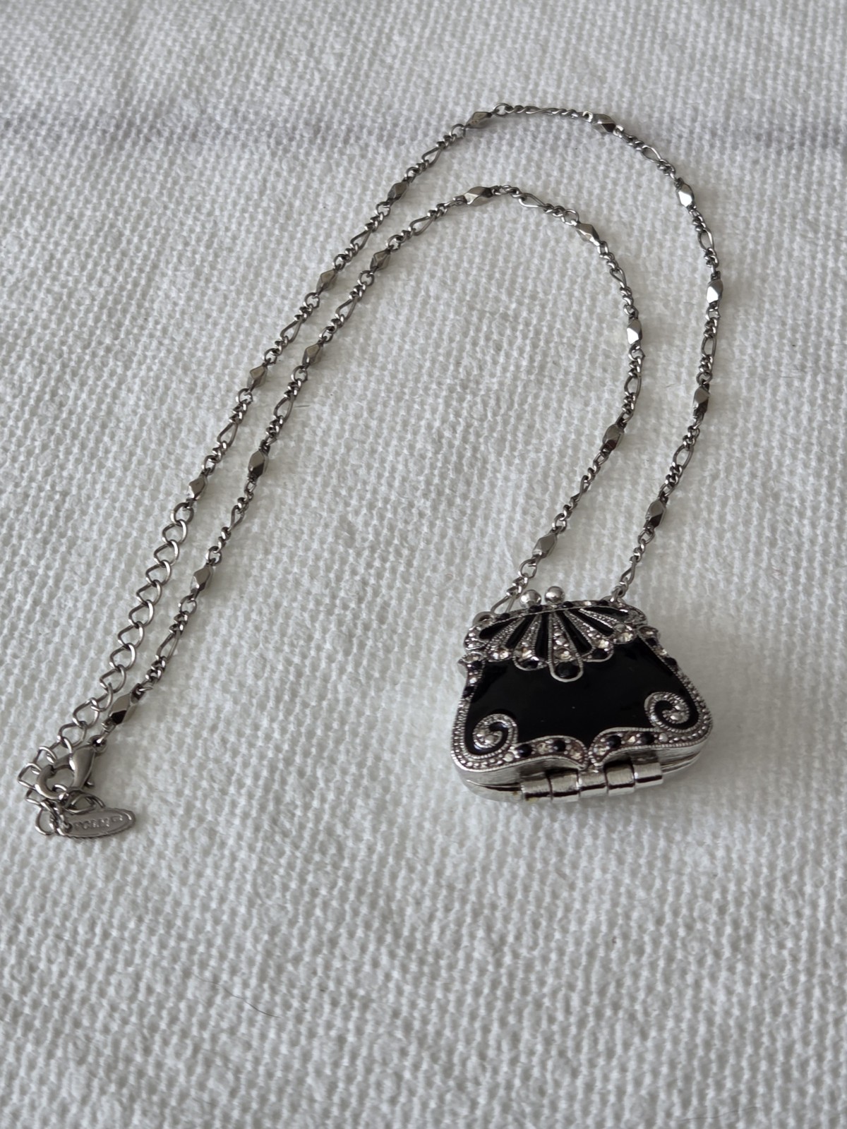 VICTORIAN Style Black Enamel Crystals Purse Locket Pendant 22″ Chain Necklace