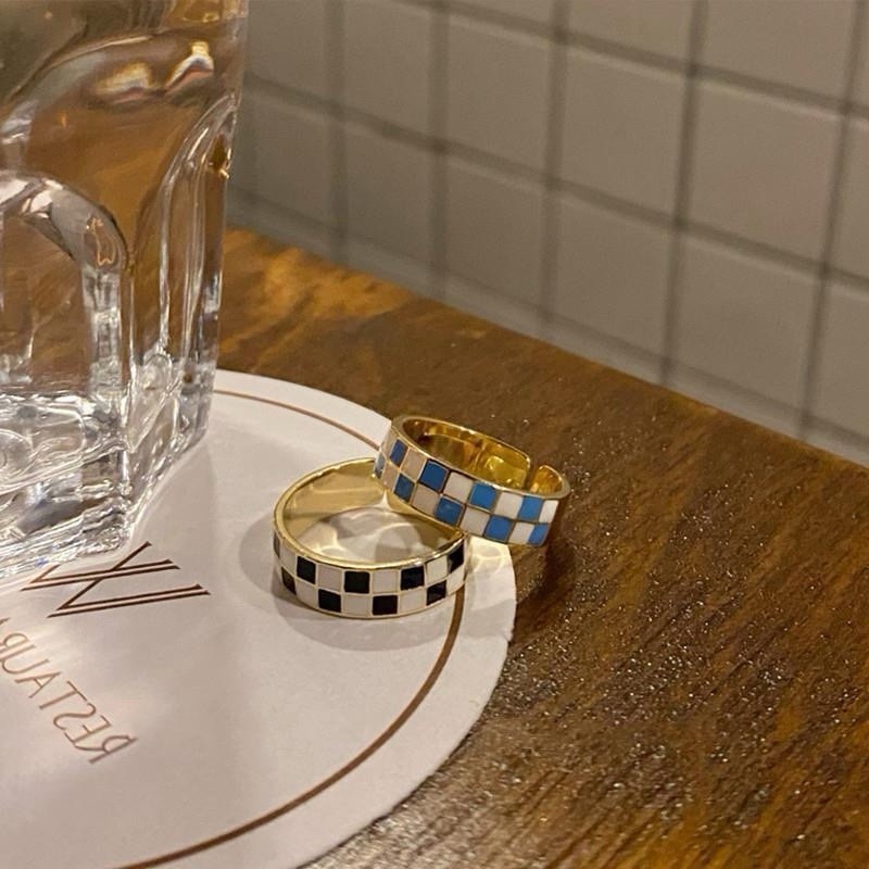 2Pcs Fashion Checkerboard Band Stainless Steel Adjustable Opening Enamel Rings