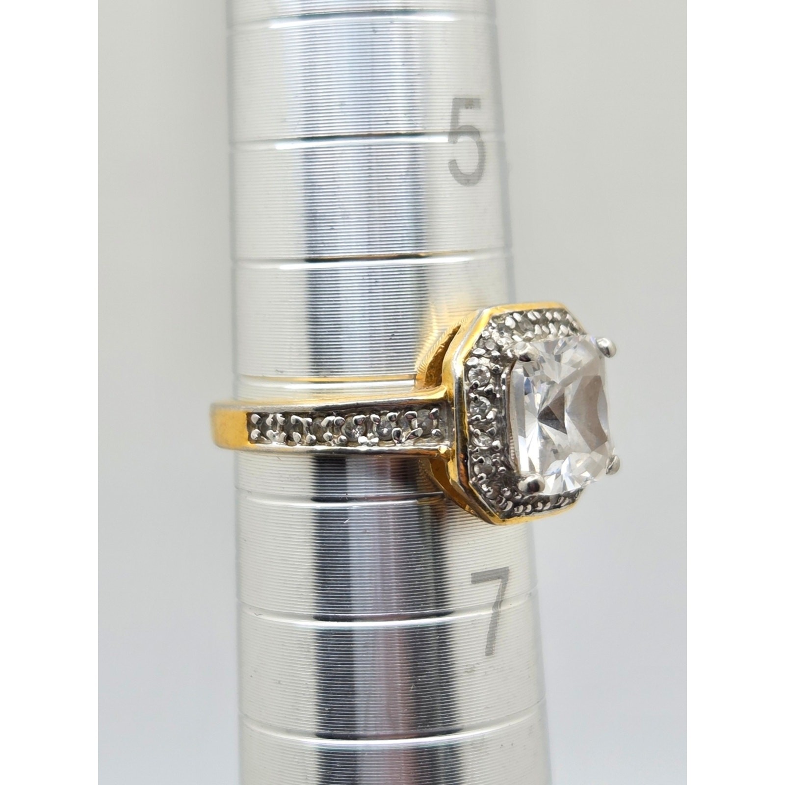 American Diamond Two-Tone Cushion Cut CZ Halo Ring – 6