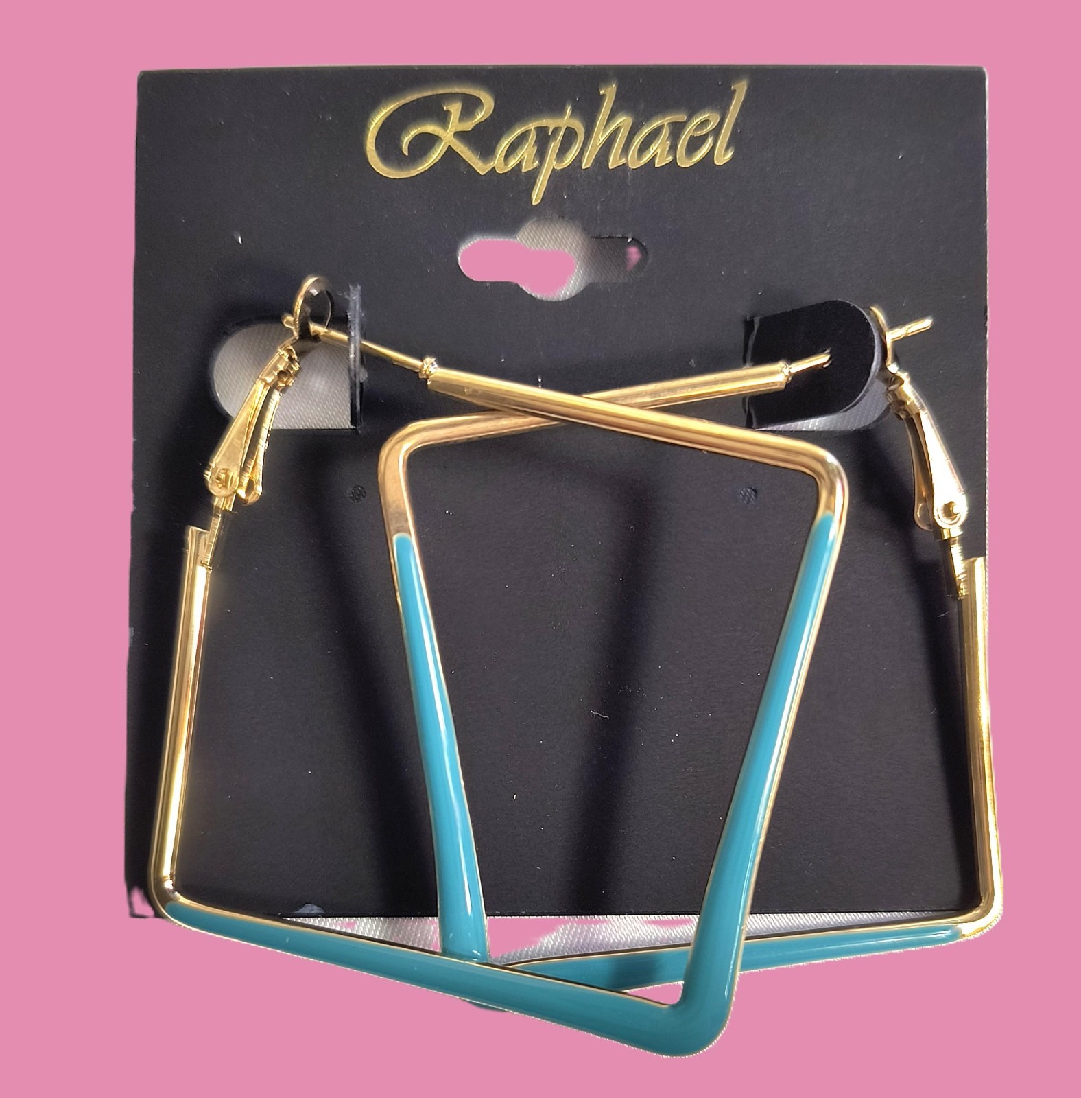 New Raphael Square Hoops Two Tone Teal and Goldplated Metal 1 3/4″ Snap Lock