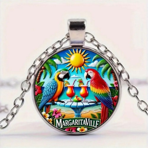 Retro MargaritaVille Parrot Art Design Round Glass Pendant Necklace