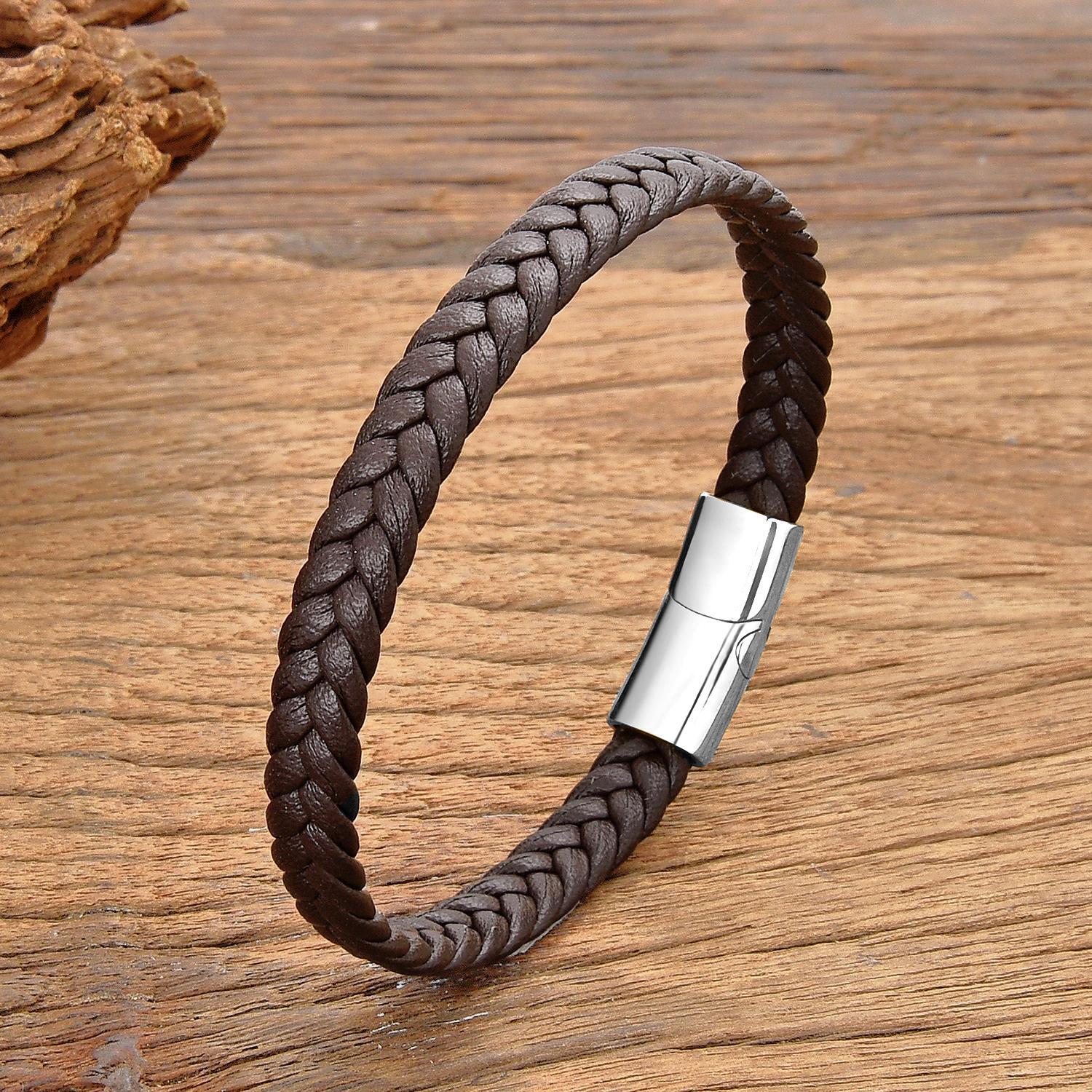 Simple Classic Stainless Steel Bracelet for Women & Men, Braided Leather Bangle
