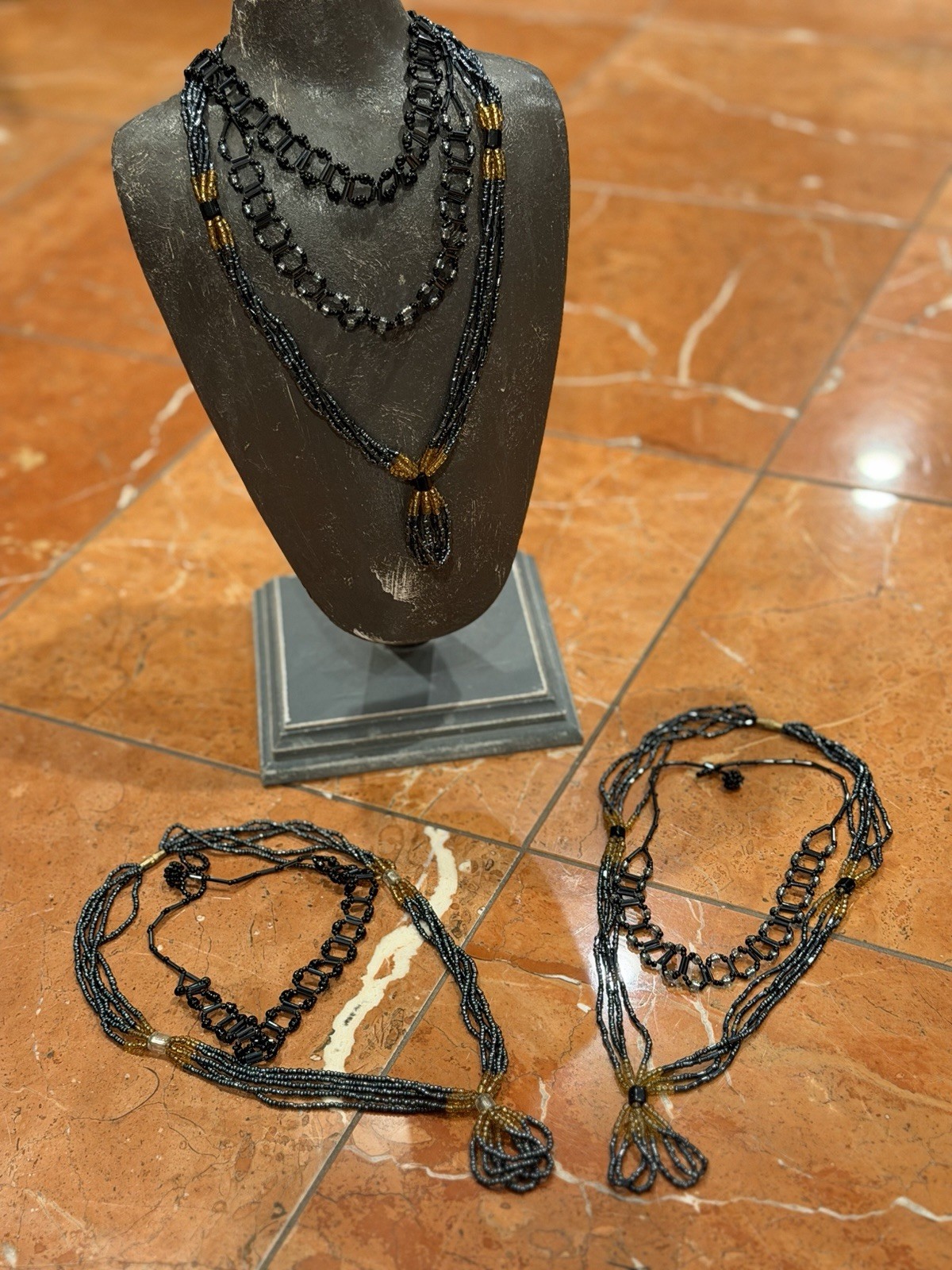 BLACK AMBER GOLD SEED BEAD IRIDESCENT LOT 7 CHOKER NECKLACES TASSEL LN