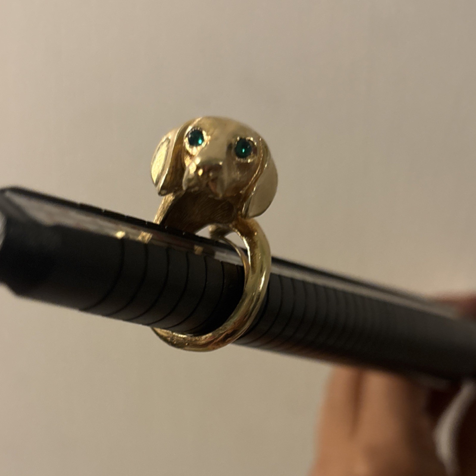 Extra Rare Crown TRIFARI Gold Tone Green Eyed Dachshund Dog Head Ring
