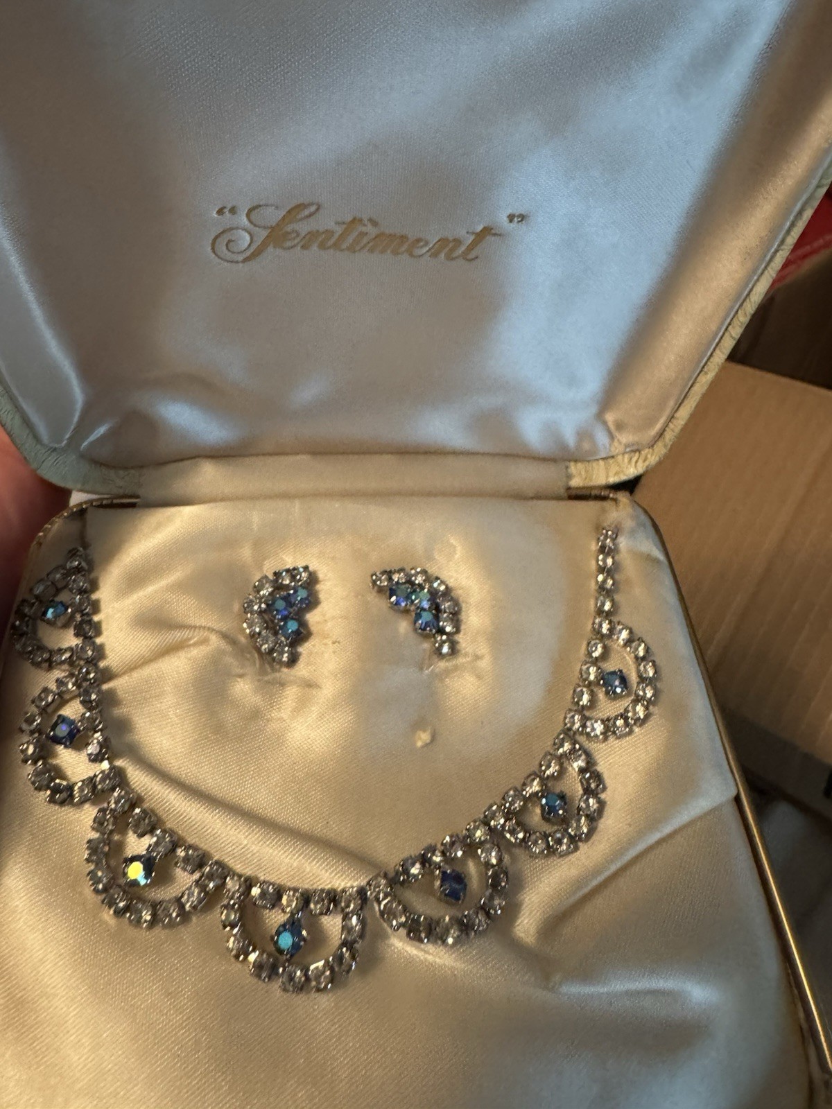 Sentiment Blue Crystal Rhinestone Jewelry Set Necklace Bracelet Earrings Signed