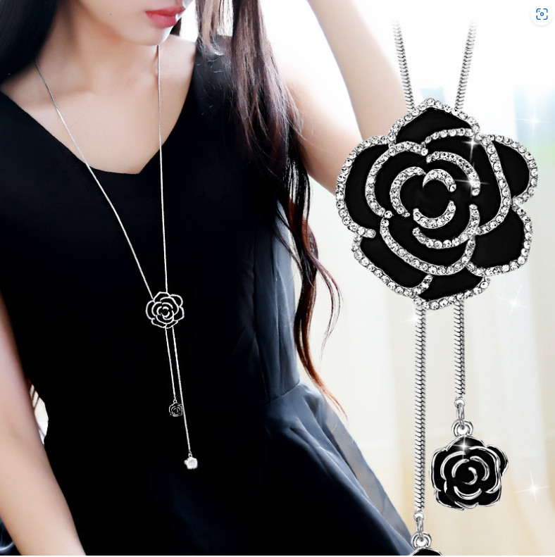 Women Girl Silver Tassel Rose Flower Pendant Necklace Chain Sweater Jewelry