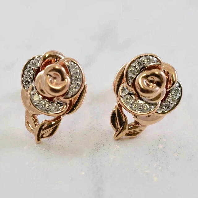 Silver 1Ct Round Simulated Diamond Rose Shape Stud Earrings 14K Rose Gold Plated