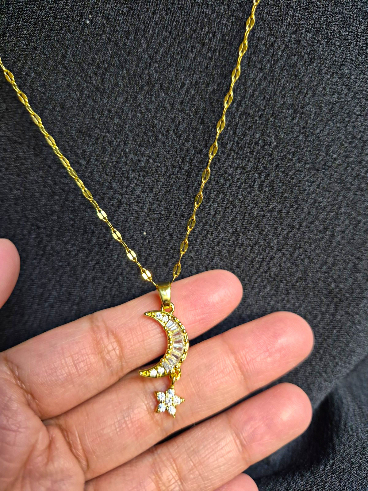 Stainless Steel Cable Chain Necklace CZ Moon Charm and Star Dangle Pendant