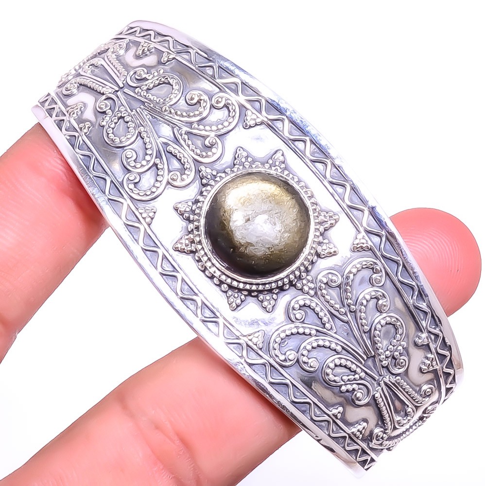 Golden Sheen Obsidian 925 Sterling Silver Handmade Jewelry Cuff Adst. C7879-55
