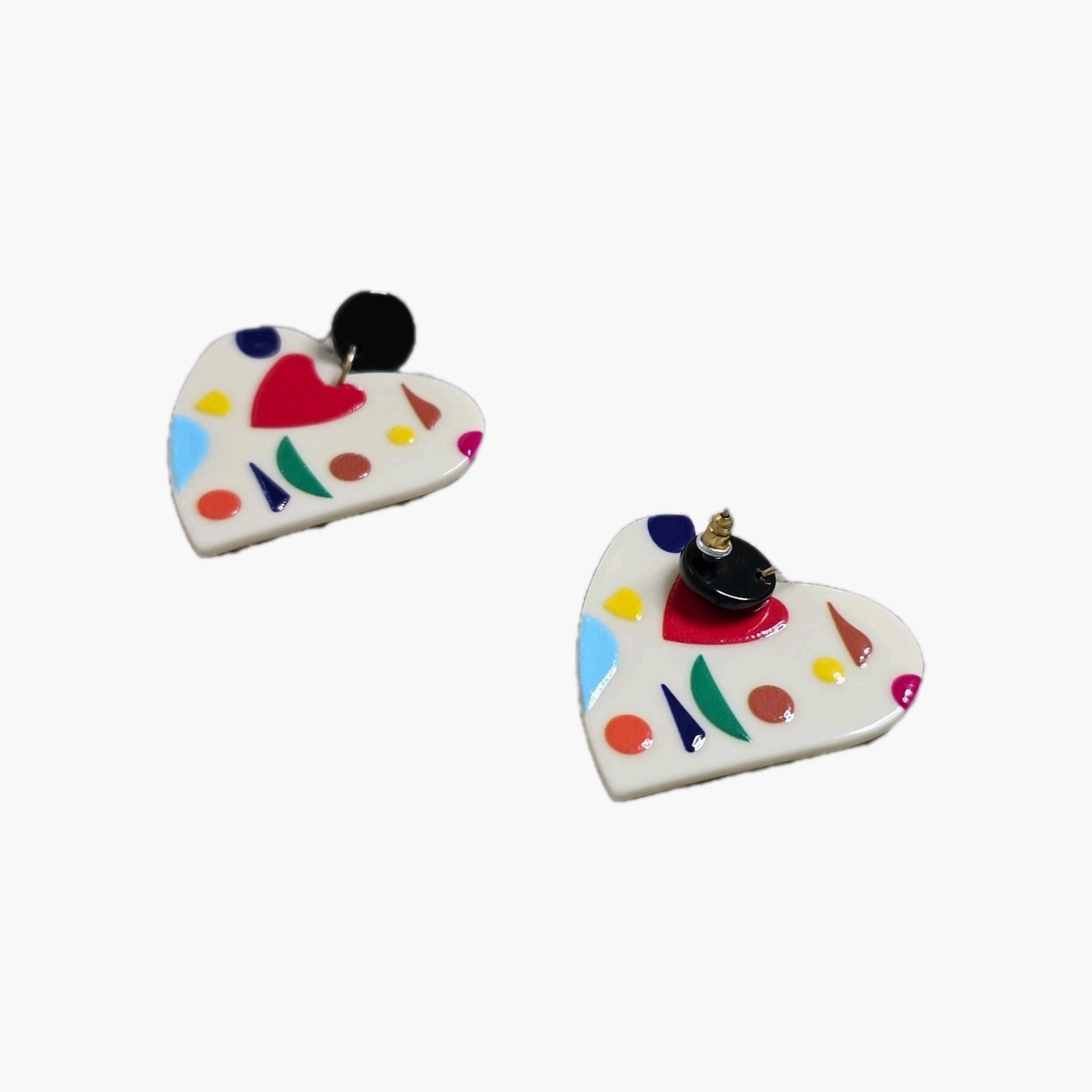 Heart Dangly Stud Earrings Handmade Jewelry Colorful Acrylic Art Lightweight